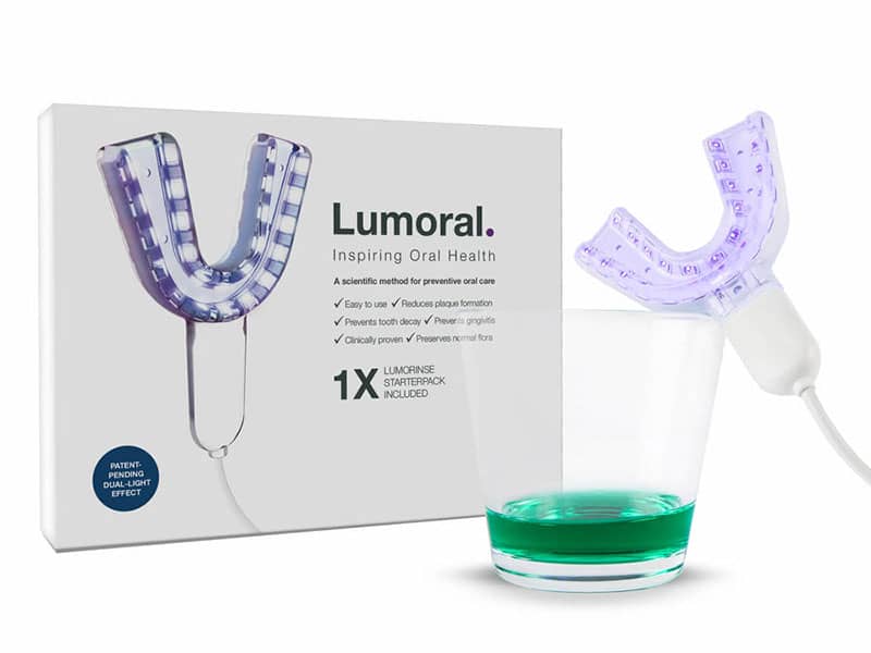 Lumoral package, device and mouth rinse