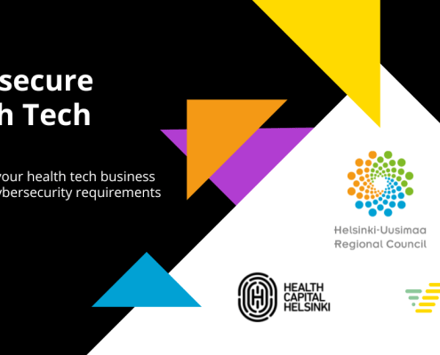 The banner of Cybesecure Health Tech Forum including the logos of Health Capital Helsinki, Helsinki-Uusimaa Regional Council and Vertical.