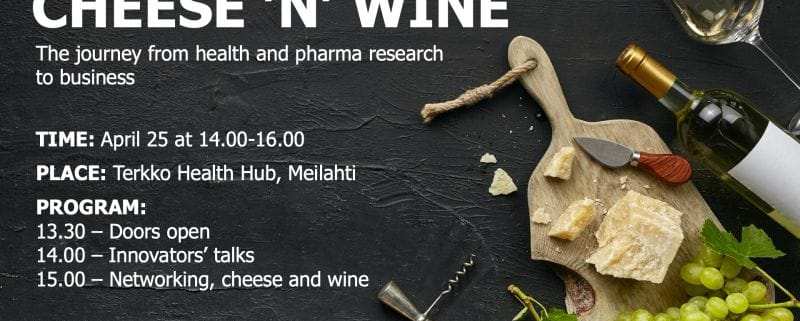 The event banner for Cheese'n'Wine Innovation Talks with the event agenda and cheese, wine and grapes on the background