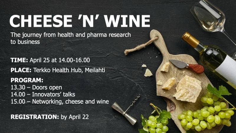 The event banner for Cheese'n'Wine Innovation Talks with the event agenda and cheese, wine and grapes on the background