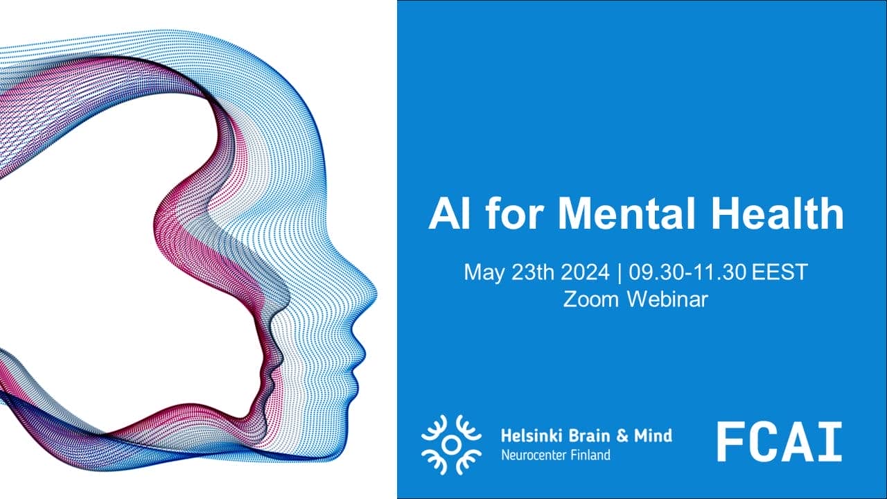 The banner of AI for mental health, an online event hosted by FCAI and Helsinki Brain & Mind